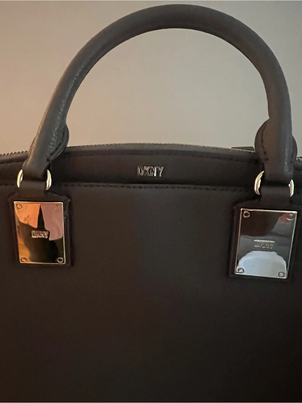 DKNY Gray Pebbled Leather Satchel with Gold Hardware